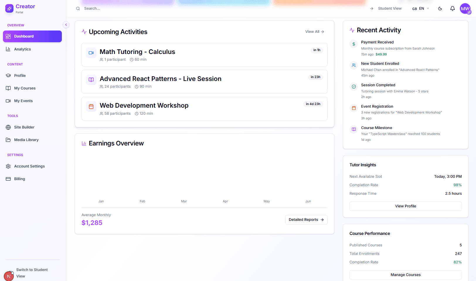 Creator Hub - Manage upcoming activities and recent events