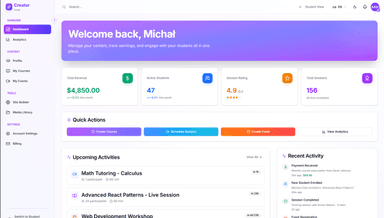 Creator Dashboard - Track revenue, students, and session ratings