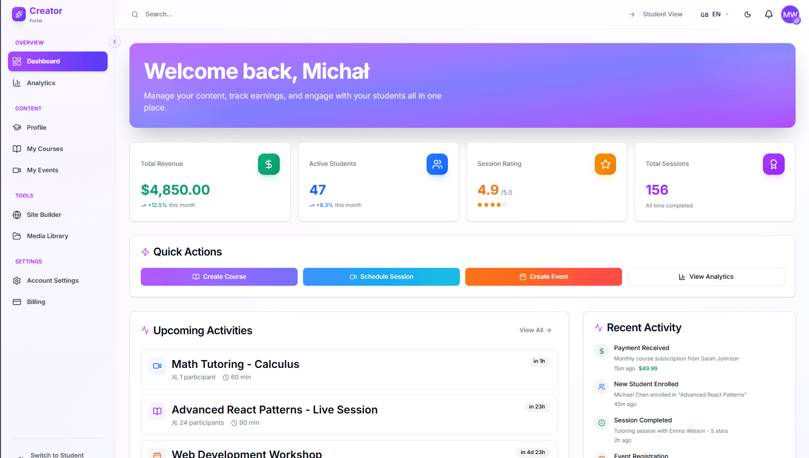 Creator Dashboard - Track revenue, students, and session ratings
